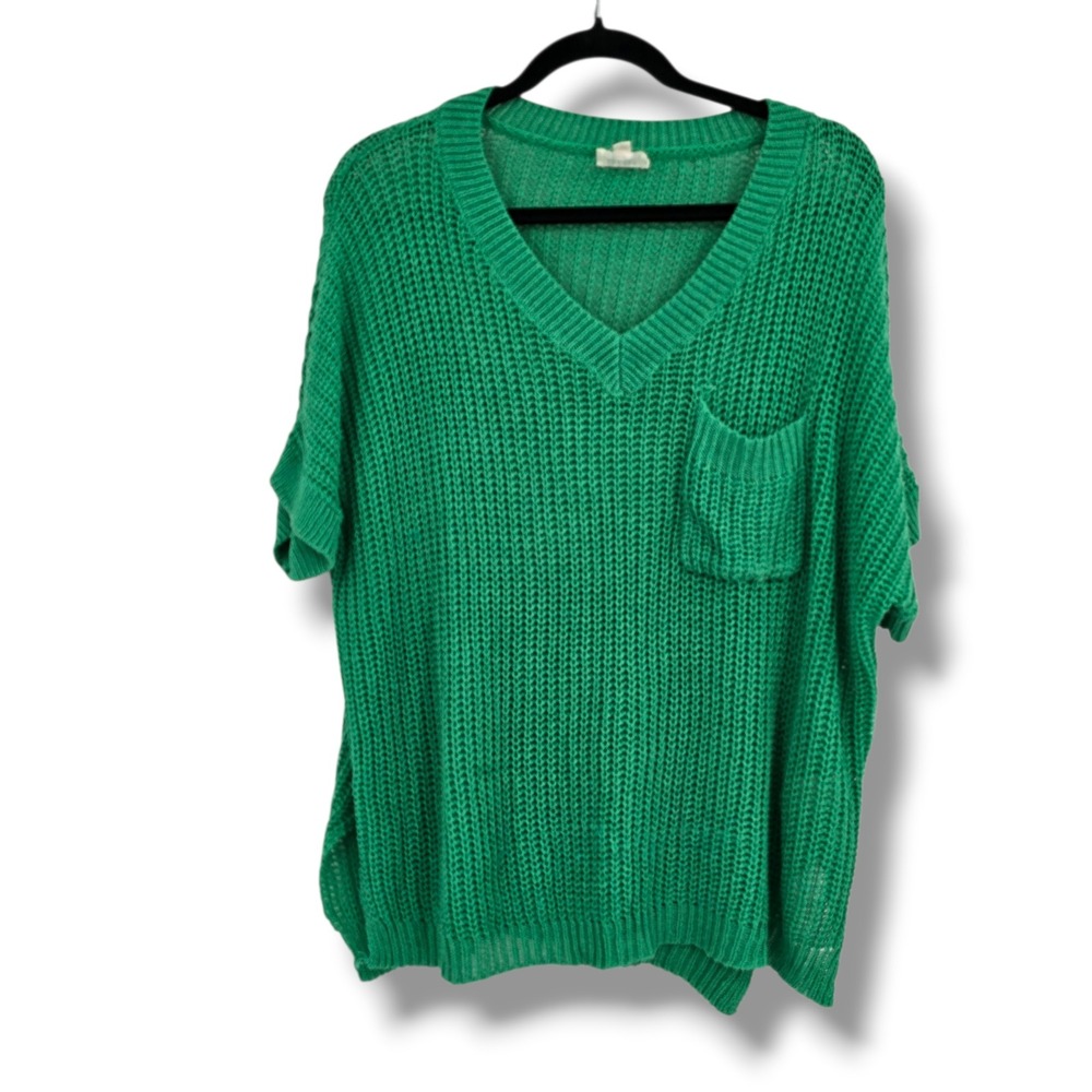 BIBI Womens Green V-Neck Short Sleeve Open Knit Sweater Pocket Size Small